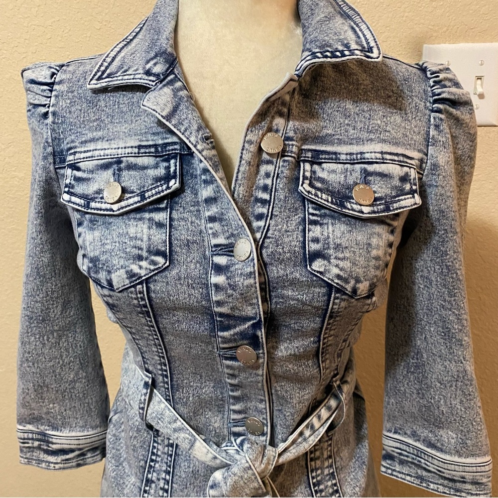 VENUS Button Front Light Blue 1/2 Sleeve Midi Denim Tie Waist Dress Size 2 - Picture 3 of 14